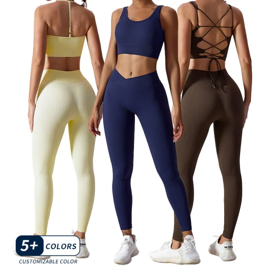 Vente en gros OEM/ODM femmes 2 pièces Leggings + soutien-gorge vêtements vêtements de Yoga côtelé ensemble d'entraînement de gymnastique Fitness ensembles de sport actif